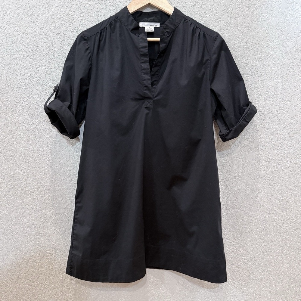 WD•NY Lightweight Mini Dress • Stretch Cotton Roll-Tab Short-Sleeve • S Black